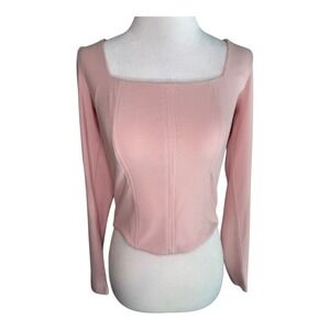 Urban Social Ribbed Square Neck Long Sleeve Top Pink Fitted Crop Top Small NWT‎
